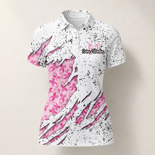 Personalised White Pink Breast Cancer Ribbon Torn Golf Polo Shirt For Women B7190