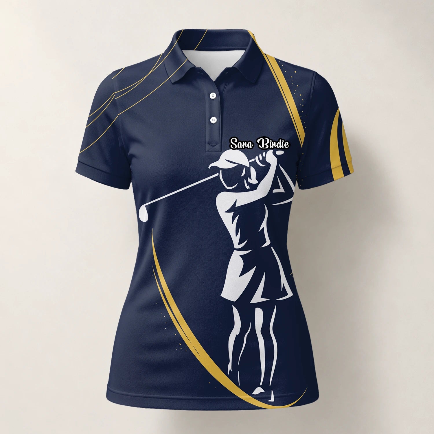 Personalised Navy Gold Golfer Silhouette Golf Polo Shirt For Women K0906