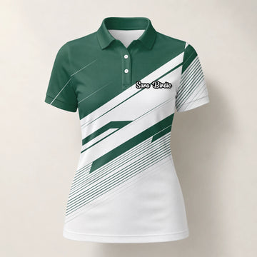 Personalised Green White Abstract Stripe Golf Polo Shirt For Women E5041
