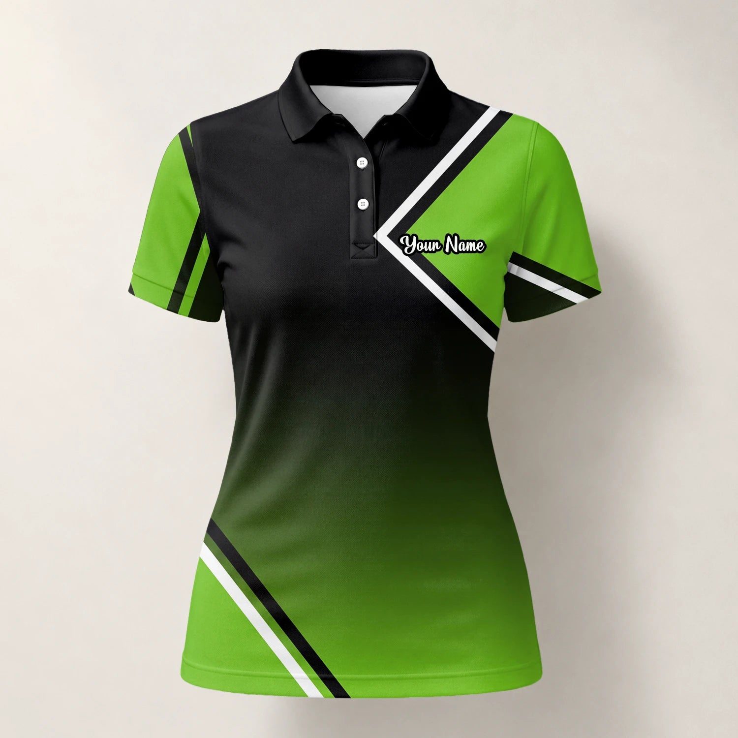 Personalised Black Green Geometric Stripe Golf Polo Shirt For Women V2638