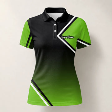 Personalised Black Green Geometric Stripe Golf Polo Shirt For Women V2638
