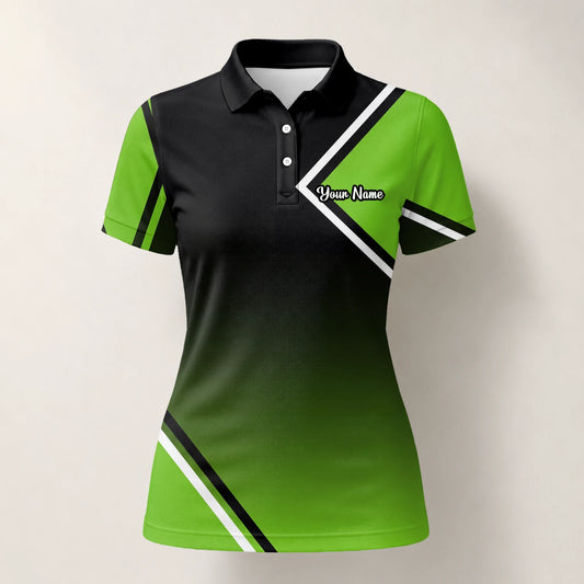Personalised Black Green Geometric Stripe Golf Polo Shirt For Women V2638