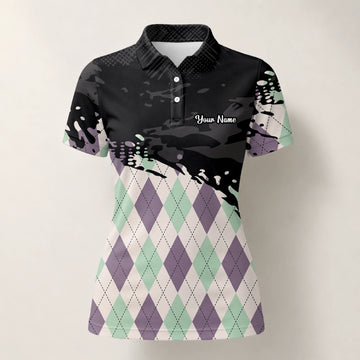 Personalised Black Mint Purple Argyle Paint Splash Golf Polo Shirt For Women C5124