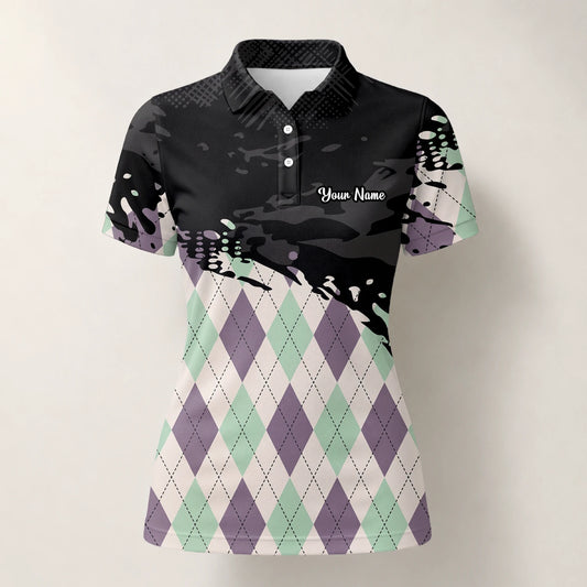 Personalised Black Mint Purple Argyle Paint Splash Golf Polo Shirt For Women C5124