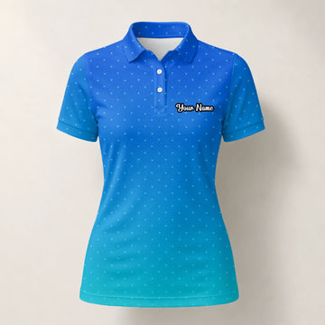 Personalised Blue Turquoise Dotted Gradient Golf Polo Shirt For Women C6032