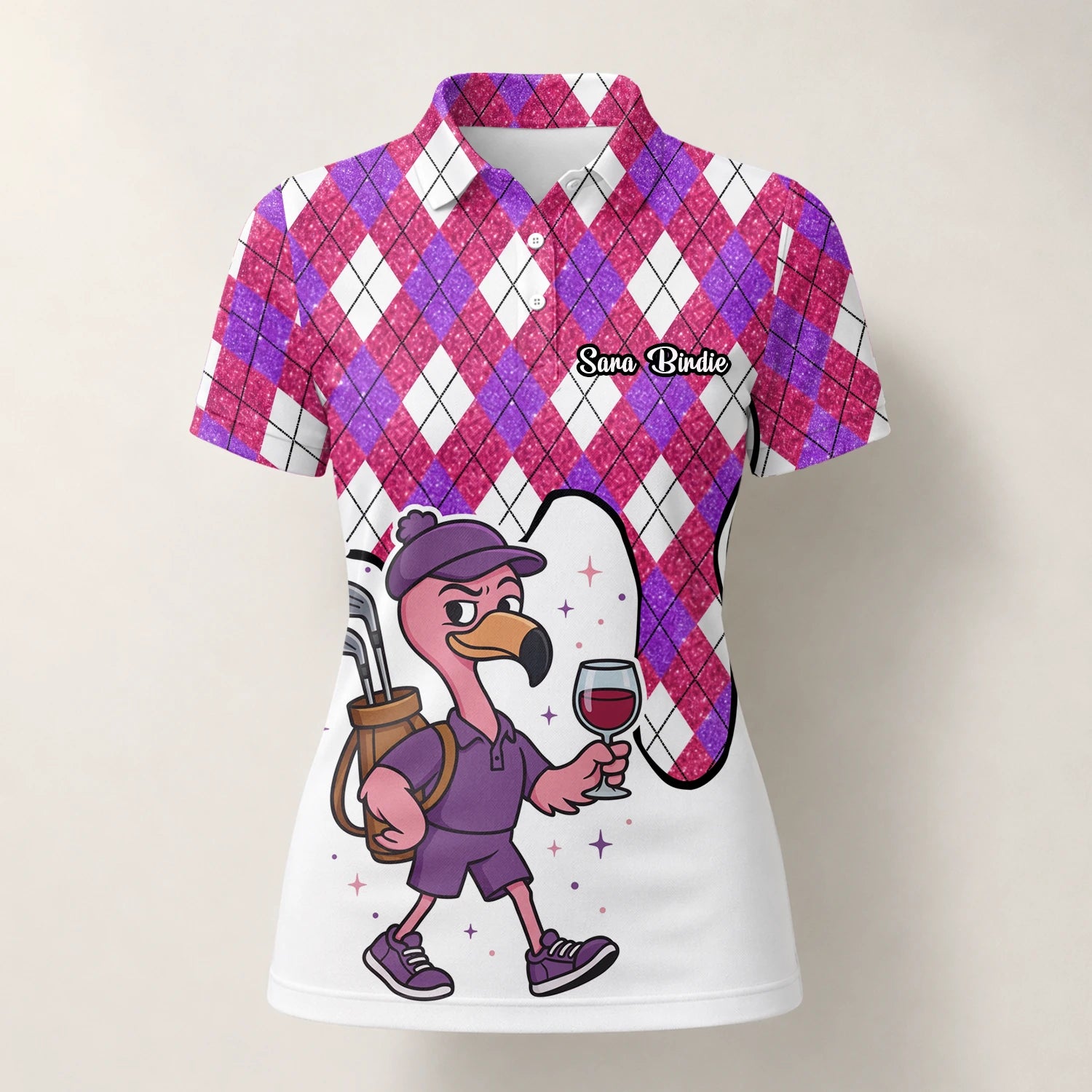 Personalised Pink Purple Argyle Ostrich Golfer Cartoon Golf Polo Shirt For Women D7000