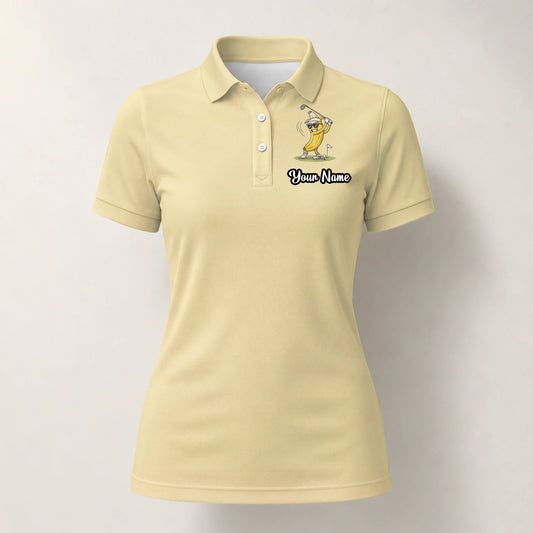 Personalised Pale Yellow Banana Golfer Cartoon Golf Polo Shirt For Women X9847
