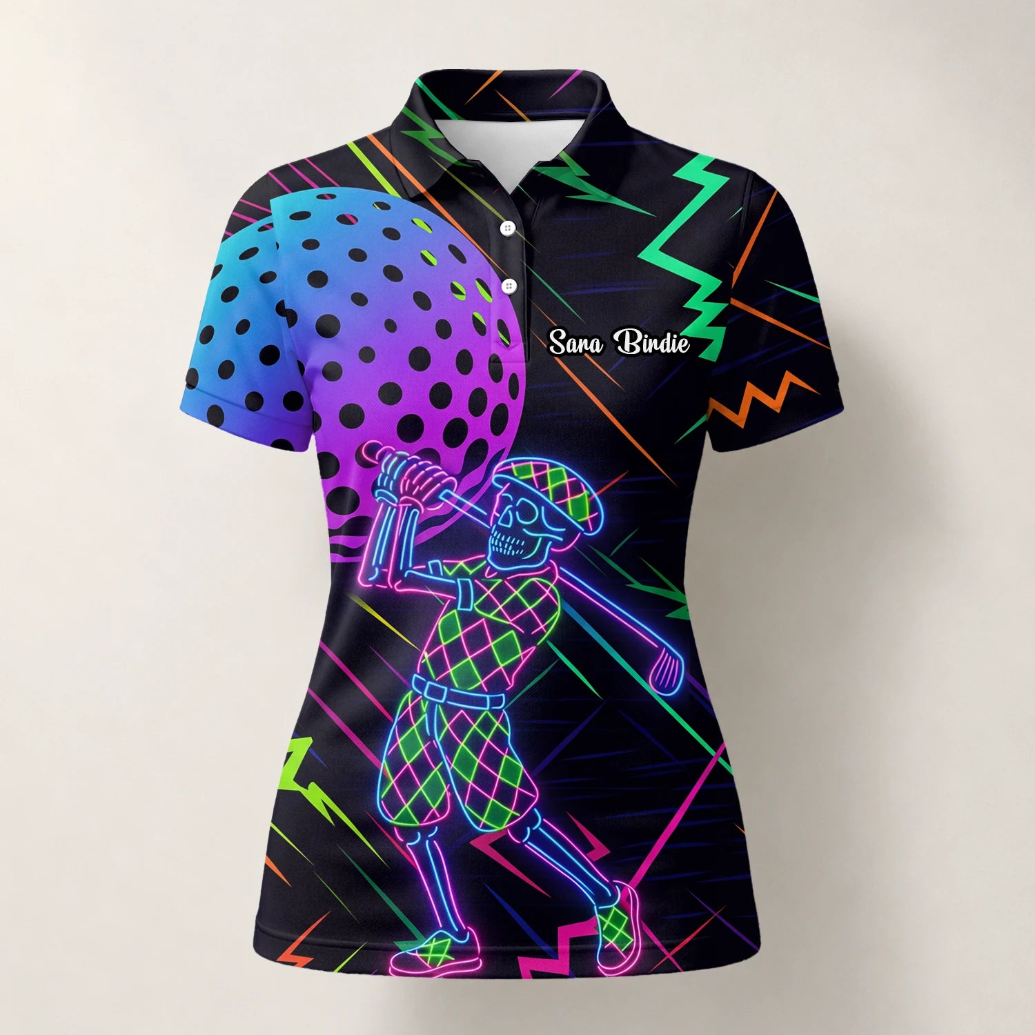 Personalised Black Neon Golfer Wireframe Golf Polo Shirt For Women L1481