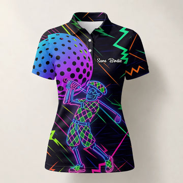 Personalised Black Neon Golfer Wireframe Golf Polo Shirt For Women L1481