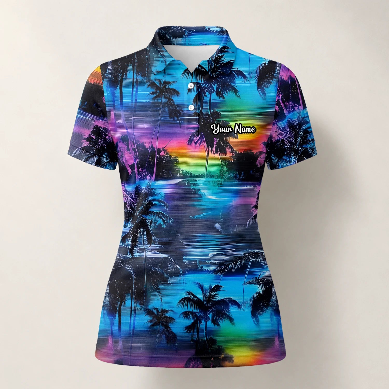 Personalised Blue Purple Palm Sunset Golf Polo Shirt For Women K8435