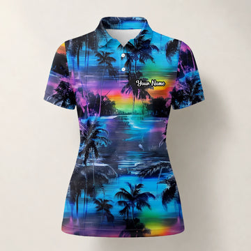 Personalised Blue Purple Palm Sunset Golf Polo Shirt For Women K8435