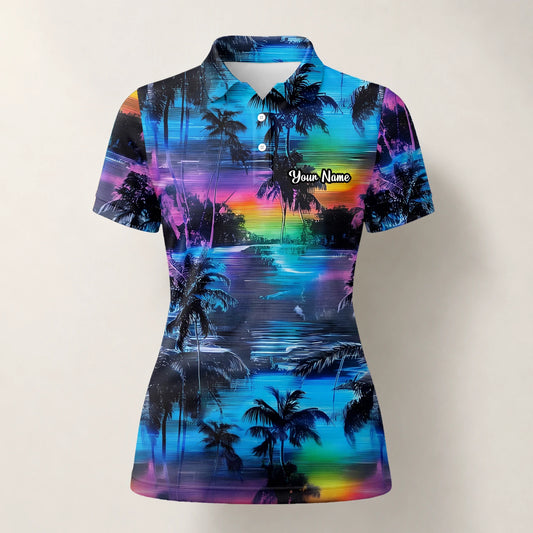 Personalised Blue Purple Palm Sunset Golf Polo Shirt For Women K8435