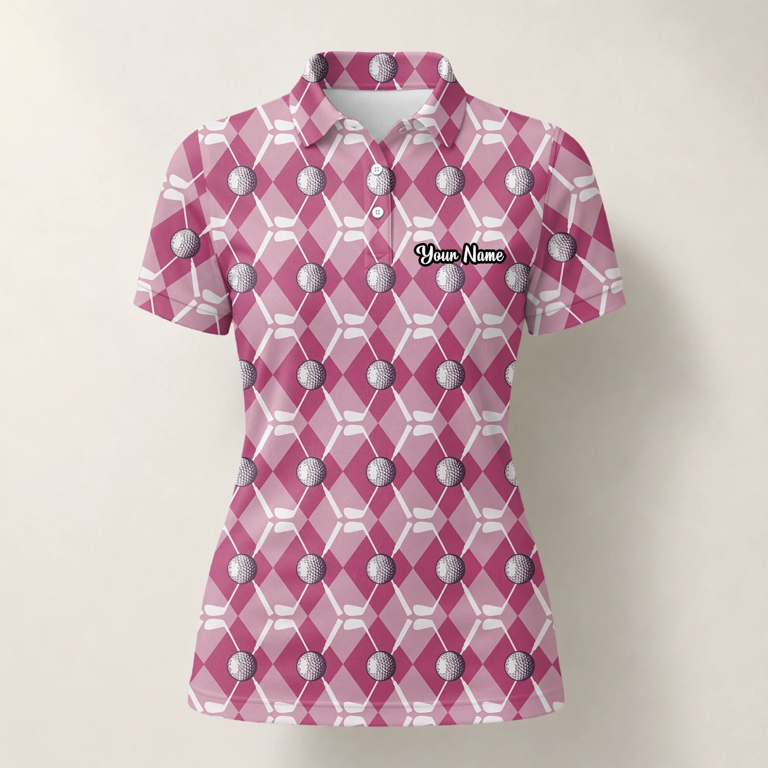 Personalised Pink Argyle Golf Ball Golf Polo Shirt For Women X0000