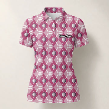 Personalised Pink Argyle Golf Ball Golf Polo Shirt For Women X0000