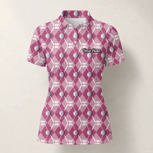 Personalised Pink Argyle Golf Ball Golf Polo Shirt For Women X0000