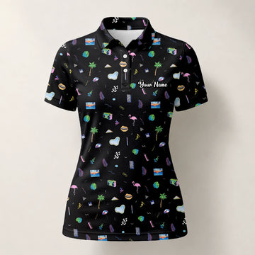 Personalised Black Holiday Travel Doodle Golf Polo Shirt For Women V7883