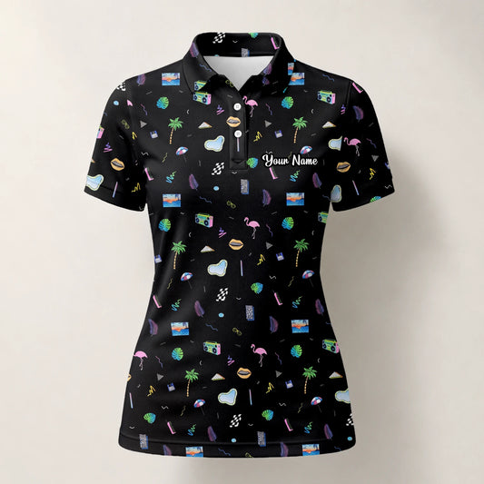 Personalised Black Holiday Travel Doodle Golf Polo Shirt For Women V7883