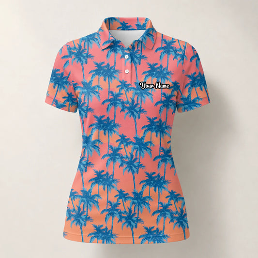 Personalised Coral Pink Blue Palm Tree Golf Polo Shirt For Women A5845