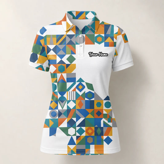 Personalised White Teal Orange Geometric Patchwork Golf Polo Shirt For Women K5362