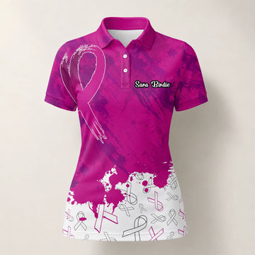 Personalised Magenta Breast Cancer Awareness Ribbon Paint Splash Golf Polo Shirt For Women Q5636