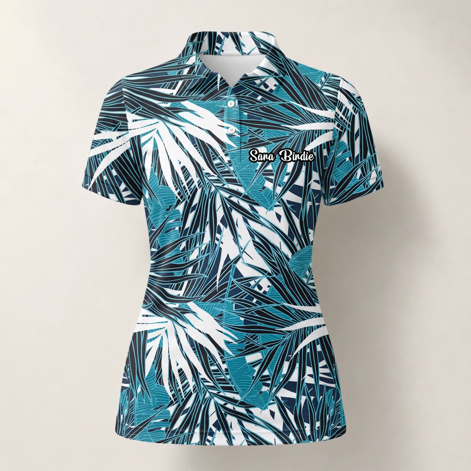 Personalised Teal Black White Palm Leaf Golf Polo Shirt For Women S8543