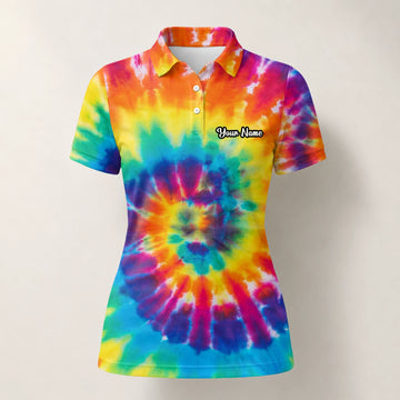 Personalised Rainbow Tie Dye Spiral Golf Polo Shirt For Women S4610