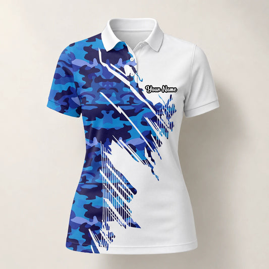 Personalised White Blue Camo Brush Stroke Golf Polo Shirt For Women M3845