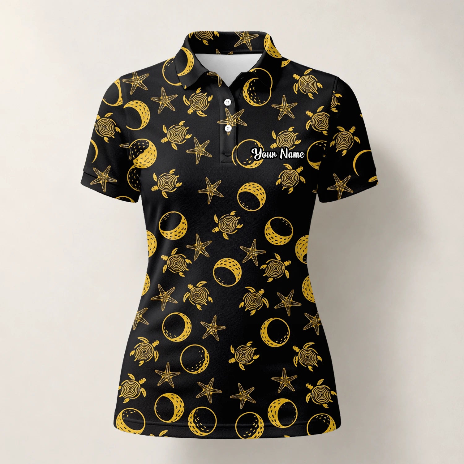 Personalised Black Gold Sea Turtle Moon Star Golf Polo Shirt For Women V4483