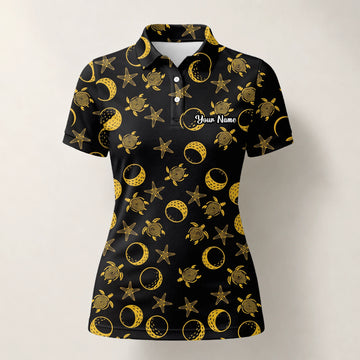 Personalised Black Gold Sea Turtle Moon Star Golf Polo Shirt For Women V4483