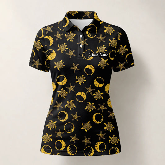 Personalised Black Gold Sea Turtle Moon Star Golf Polo Shirt For Women V4483
