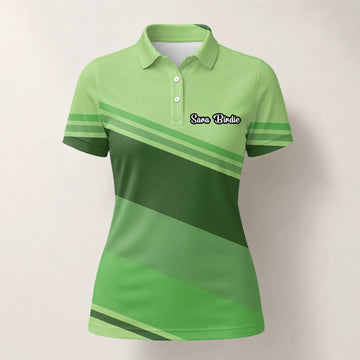 Personalised Light Green Geometric Stripe Golf Polo Shirt For Women S1599