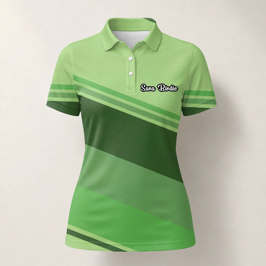 Personalised Light Green Geometric Stripe Golf Polo Shirt For Women S1599