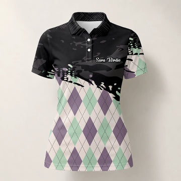 Personalised Black Mint Purple Argyle Paint Splash Golf Polo Shirt For Women C5124