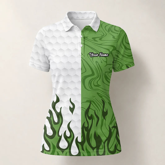 Personalised White Green Flame Marble Golf Polo Shirt For Women D2353