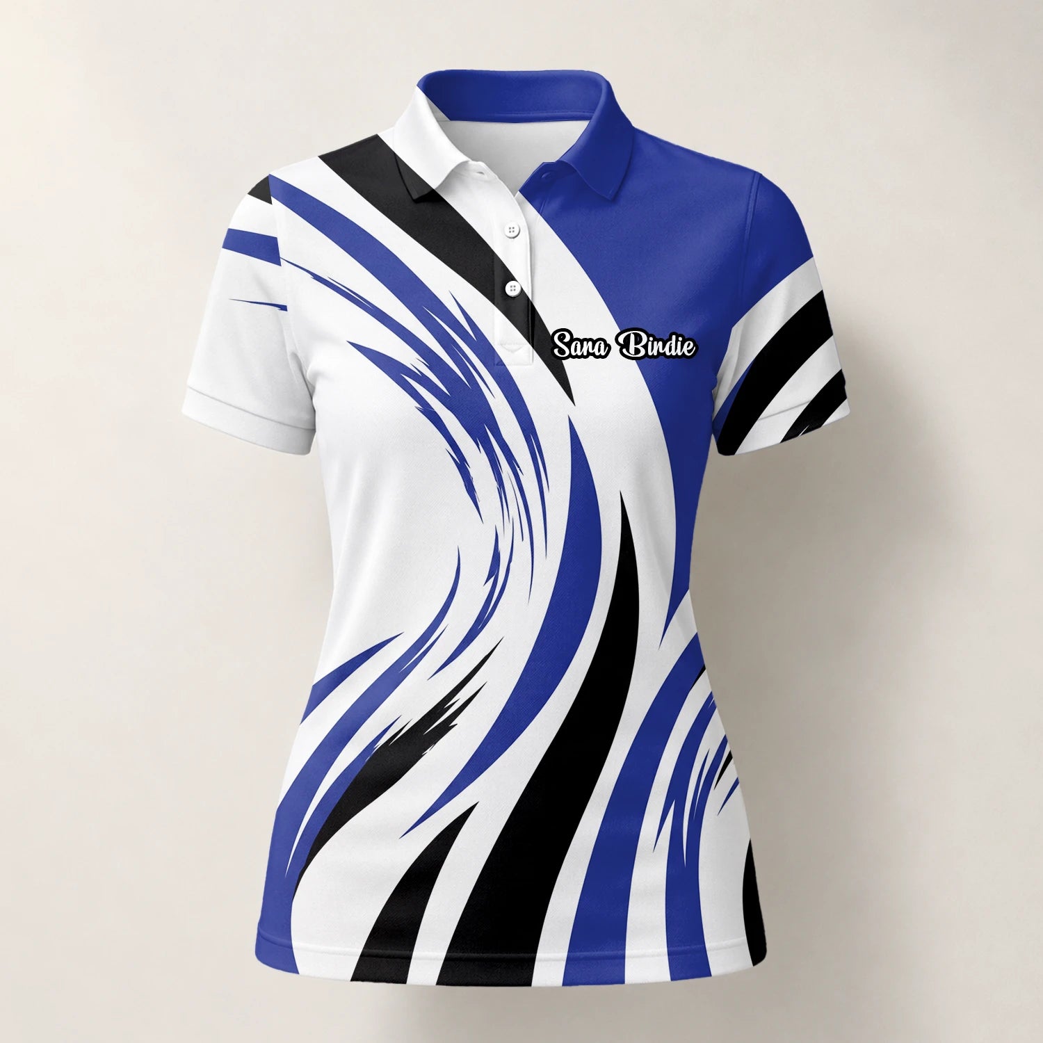 Personalised White Blue Black Abstract Wave Golf Polo Shirt For Women V7849