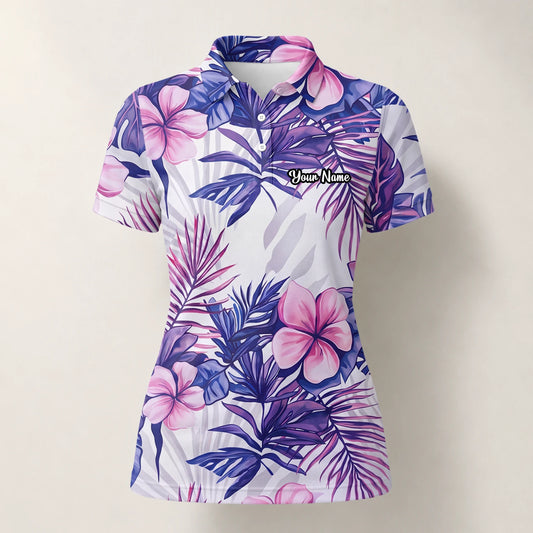 Personalised White Purple Tropical Hibiscus Leaf Golf Polo Shirt For Women H1054