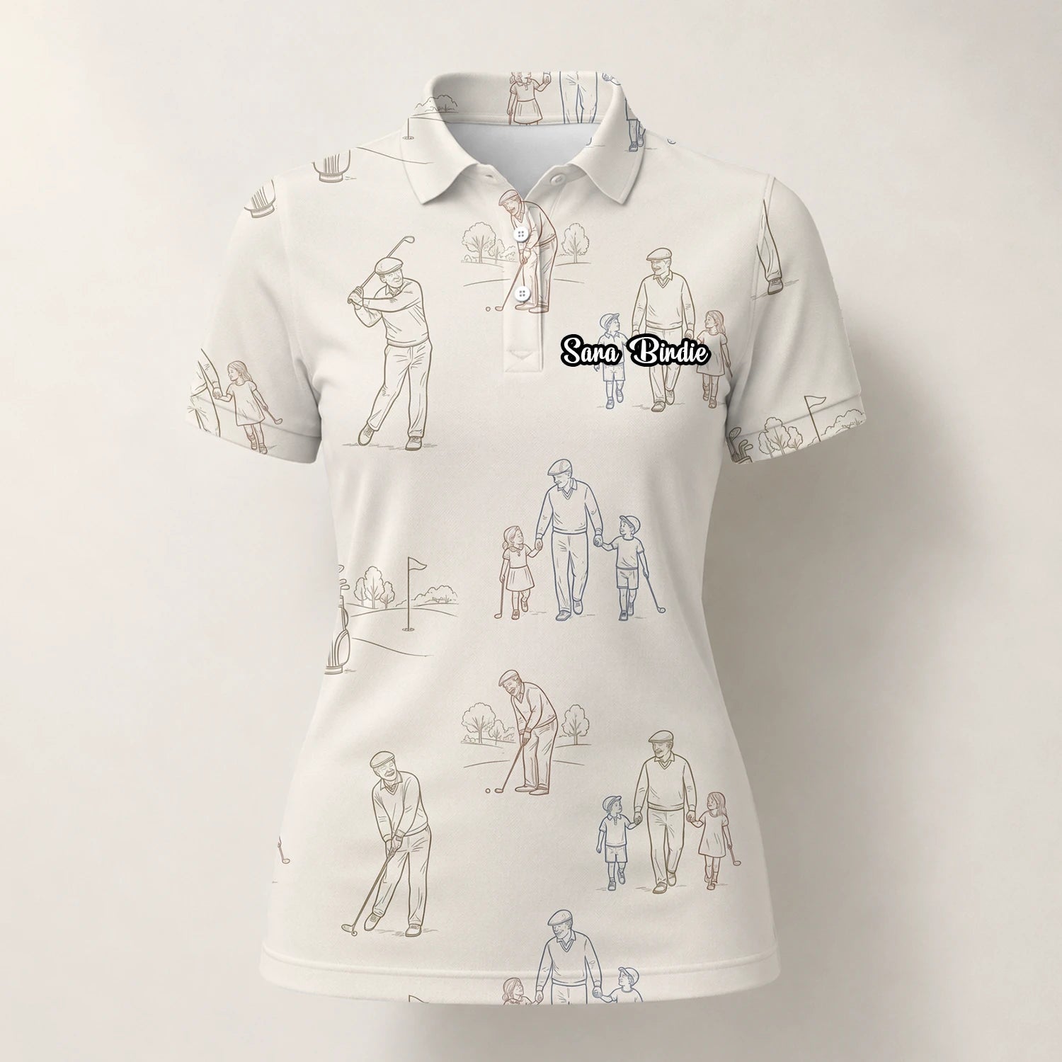 Personalised Beige Vintage Golfer Sketch Golf Polo Shirt For Women D6556