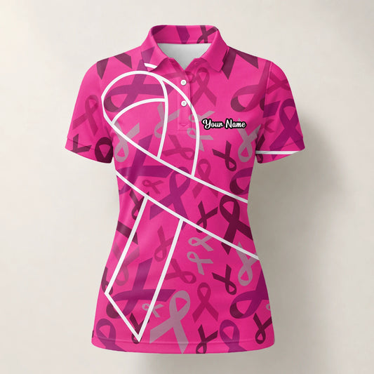 Personalised Pink Breast Cancer Awareness Ribbon Golf Polo Shirt For Women O4093