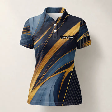 Personalised Navy Gold Abstract Ribbon Golf Polo Shirt For Women V6882