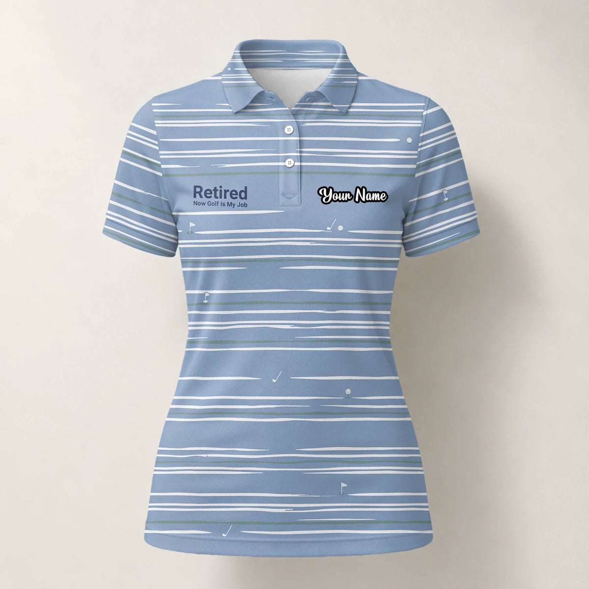 Personalised Powder Blue White Abstract Stripe Golf Polo Shirt For Women F9706