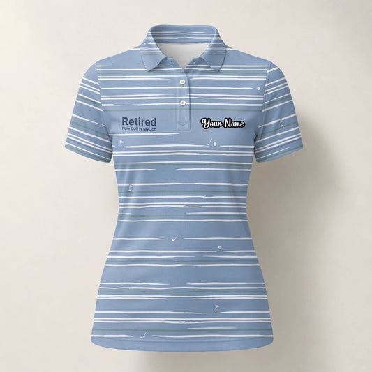 Personalised Powder Blue White Abstract Stripe Golf Polo Shirt For Women F9706