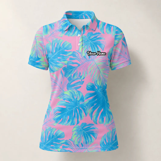 Personalised Pink Turquoise Tropical Monstera Leaf Golf Polo Shirt For Women C8385