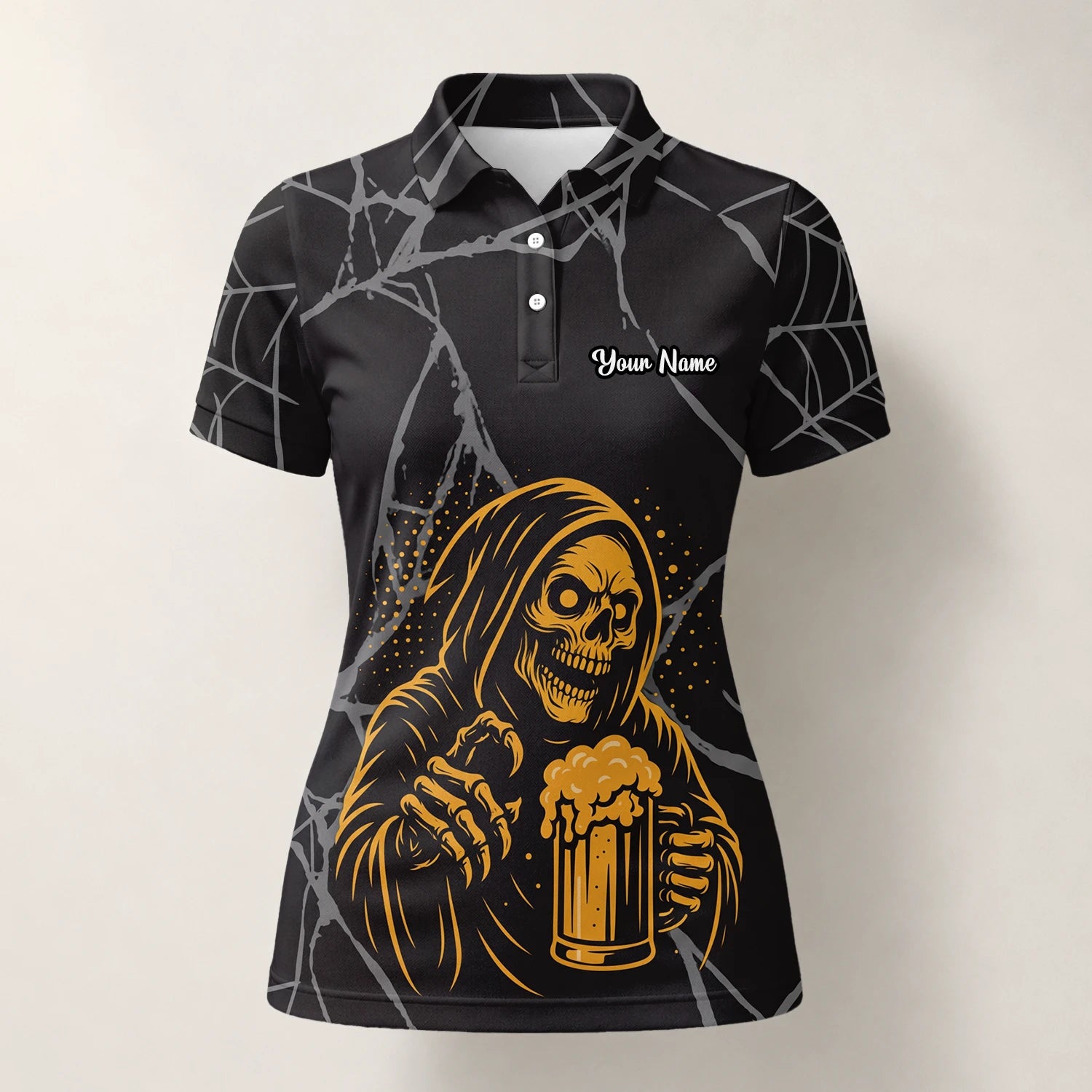 Personalised Black Gold Grim Reaper Beer Golf Polo Shirt For Women J8667