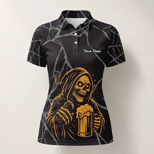 Personalised Black Gold Grim Reaper Beer Golf Polo Shirt For Women J8667