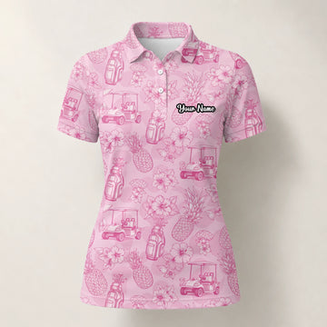 Personalised Pink Golf Cart Floral Toile Golf Polo Shirt For Women T8127