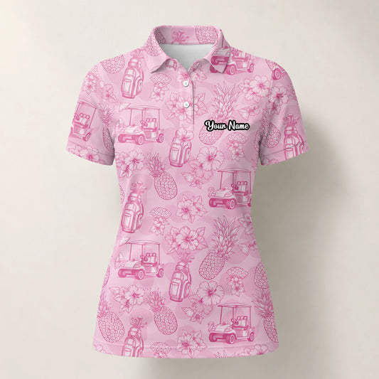 Personalised Pink Golf Cart Floral Toile Golf Polo Shirt For Women T8127