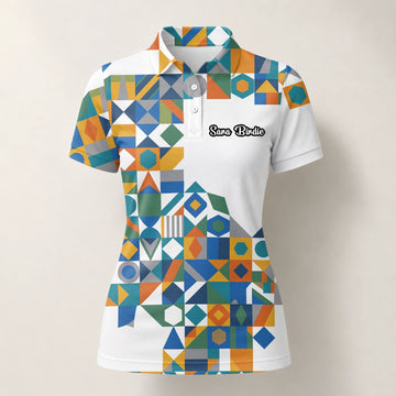 Personalised White Teal Orange Geometric Patchwork Golf Polo Shirt For Women K5362