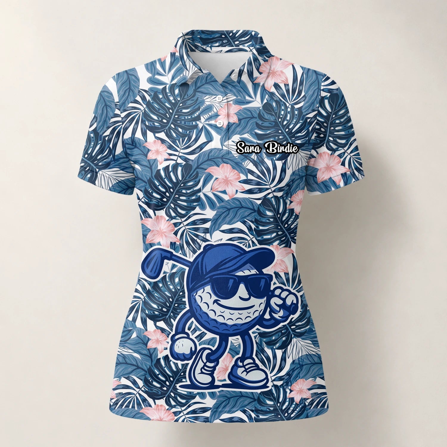 Personalised Navy Tropical Leaf Golf Ball Cartoon Golf Polo Shirt For Women I7191