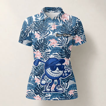 Personalised Navy Tropical Leaf Golf Ball Cartoon Golf Polo Shirt For Women I7191
