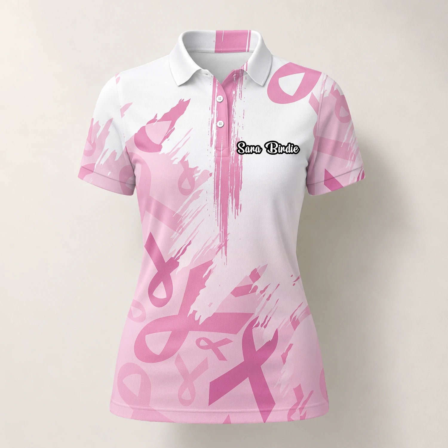 Personalised White Pink Breast Cancer Awareness Ribbon Brush Stroke Golf Polo Shirt For Women U4702